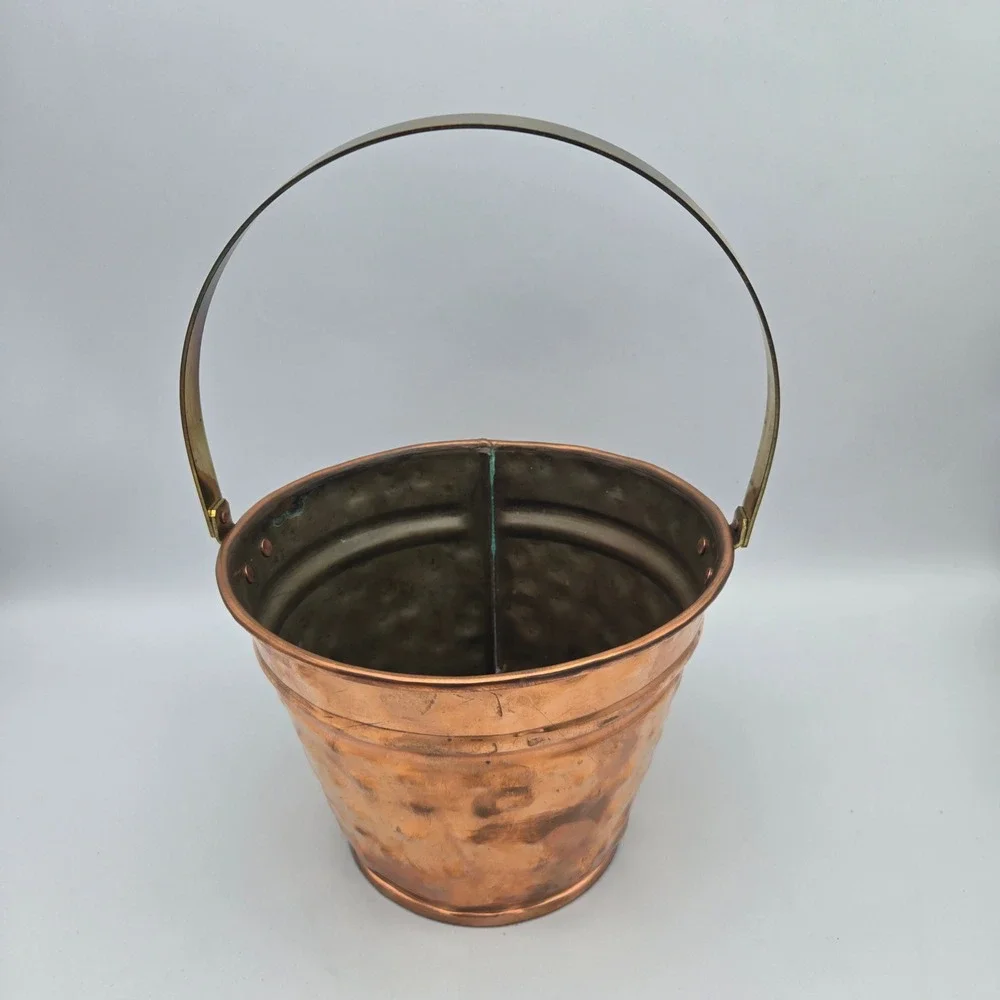 Vintage Artisan Made Hammered Copper Bucket Pail Brass Handle Signed CH 1991